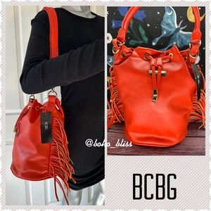 BCBG | Fringe Drawstring Bucket Bag Red NWT